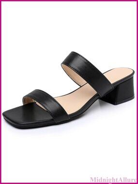 Two Strap Women's Heeled Sandals Square Toe Block Low Heel Dress Sandals